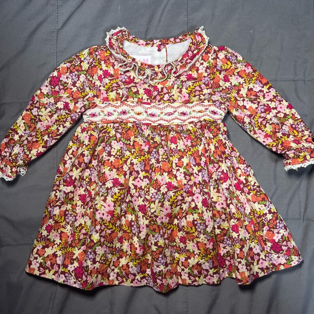 NEW Bonnie Jean Baby Girls Size 6-9M Pink Floral 2pc Long‎ Sleeve Smocked Dress